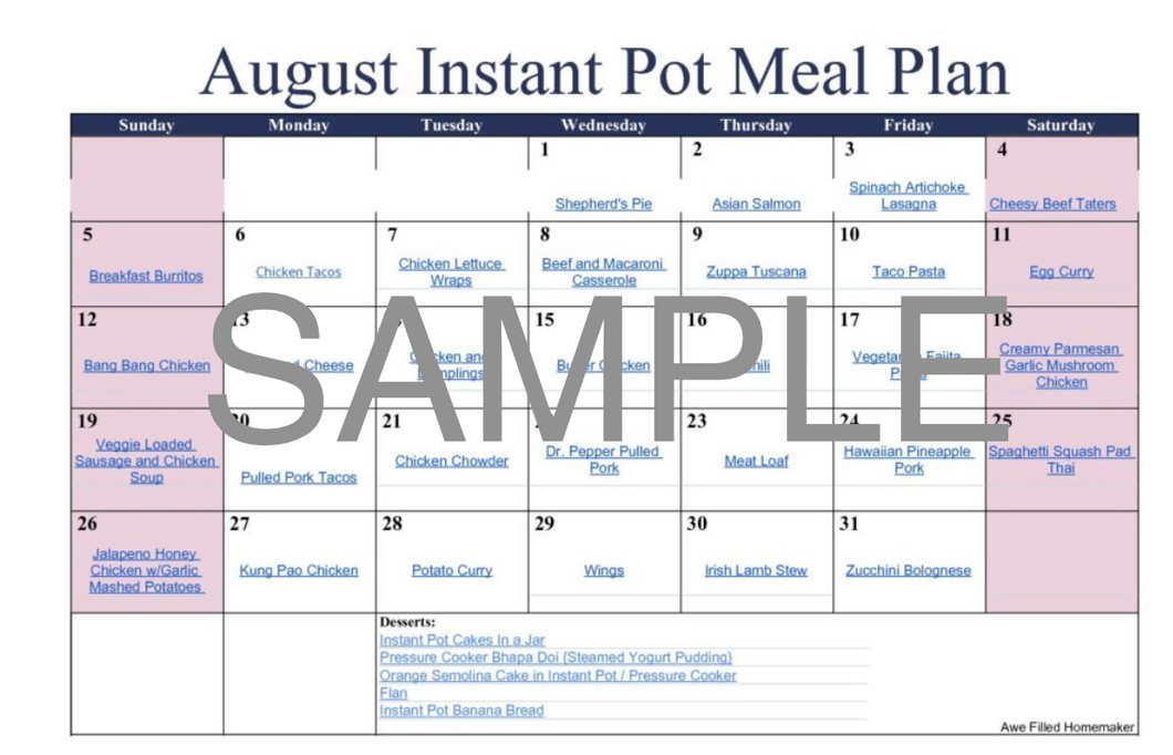 Instant Pot Meal Plan - August